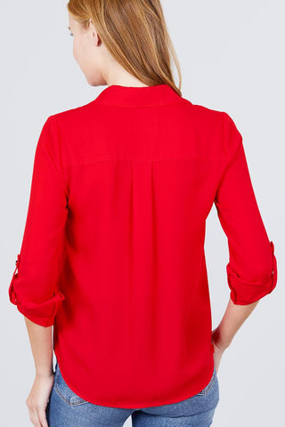 3/4 Roll Up Sleeve Pocket W/zipper Detail Woven Blouse