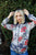 Navy Rust Flower Print Zip-up Contrast Striped Hood Sweater