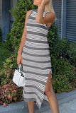 Slit Striped Round Neck Sleeveless Midi Dress