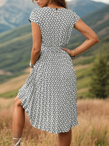 Printed Cap Sleeve Tie Waist Dress