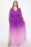 Ombre Chiffon Wrap Front Long Sleeve Tie Waist Slit Front Maxi Dress