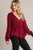 Satin V-neck Ruffle Baby Doll Top With Cuffed Long Sleeve