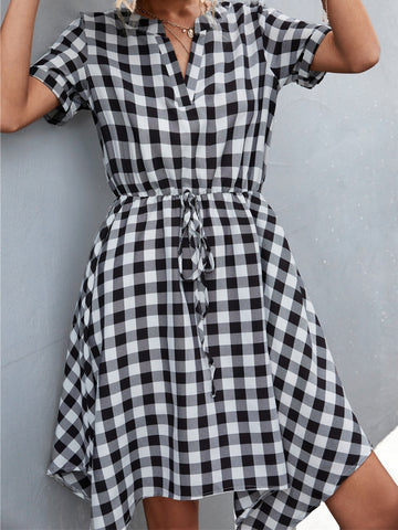 Plaid Notched Short Sleeve Dress