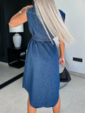 Collared Neck Cap Sleeve Denim Dress