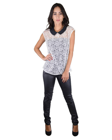 Floral Mesh Detailing Peter Pan Collar Top