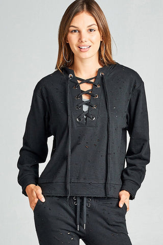 Ladies fashion dropped long sleeve grommet distressed cotton polyester slub french terry hoodie top