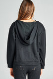 Ladies fashion dropped long sleeve grommet distressed cotton polyester slub french terry hoodie top