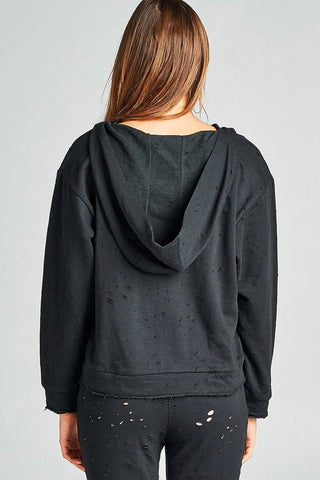 Ladies fashion dropped long sleeve grommet distressed cotton polyester slub french terry hoodie top