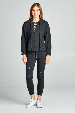Ladies fashion dropped long sleeve grommet distressed cotton polyester slub french terry hoodie top