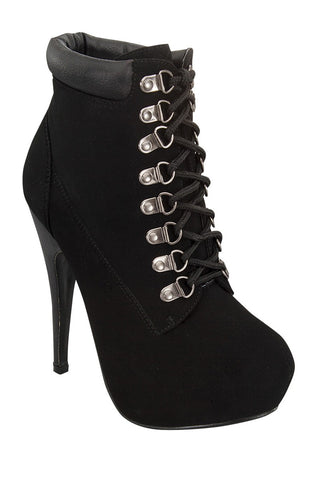 Ladies fashion military inspired ankle boot, closed almond toe, block stiletto heel, lace up closure, with grommets - merchandiserus2