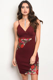 Ladies fashion sleeveless fitted bodycon dress with a v neckline and floral details - merchandiserus2