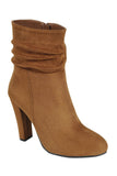Ladies fashion gathered detail ankle boot, closed almond toe, block heel with zipper closure - merchandiserus2