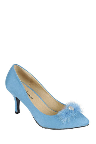 Ladies fashion one inch heeled shoe, closed round toe slip on, suede pump with decorative rhinestone detail - merchandiserus2