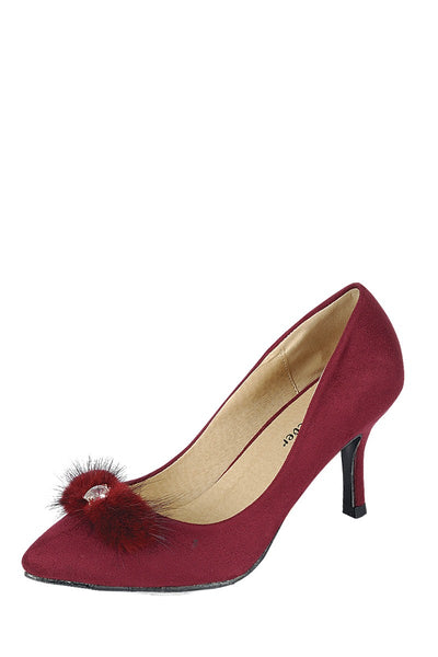 Ladies fashion one inch heeled shoe, closed round toe slip on, suede pump with decorative rhinestone detail - merchandiserus2