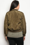 Ladies fashion plus size bomber jacket that hits just at the waist and features zipper closures