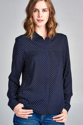 Ladies fashion long sleeve w/pocket dot print rayon challis woven top