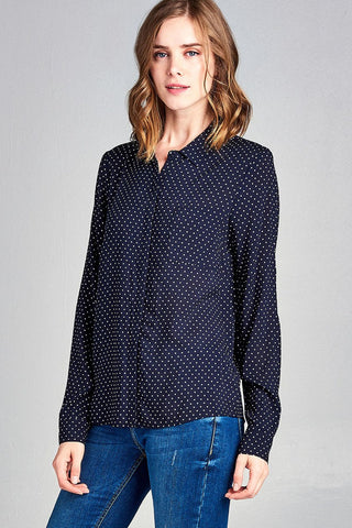 Ladies fashion long sleeve w/pocket dot print rayon challis woven top