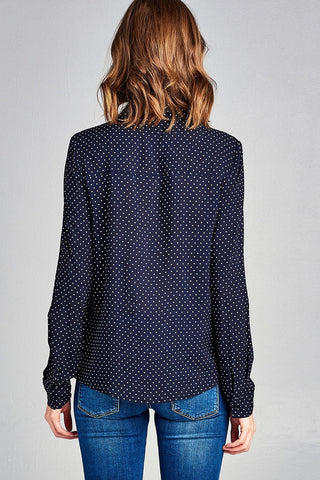 Ladies fashion long sleeve w/pocket dot print rayon challis woven top