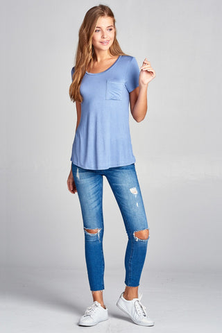 Ladies fashion short sleeve scoop neck top w/ pocket