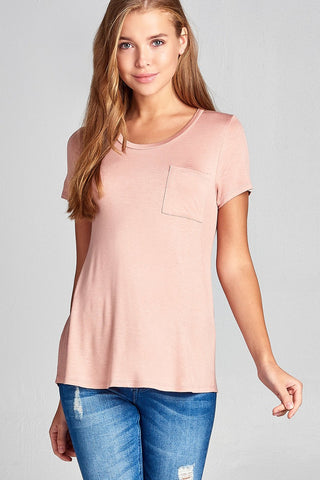 Ladies fashion short sleeve scoop neck top w/ pocket