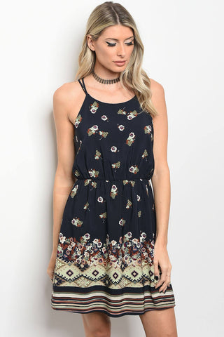 Ladies fashion sleeveless floral print skater dress that features a rounded neckline - merchandiserus2