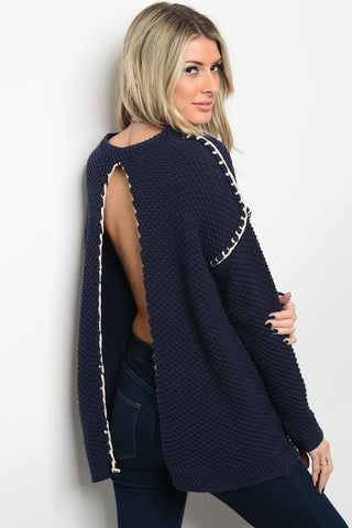 Ladies fashion long sleeve cream chunky knit sweater top that features a open back and rounded neckline