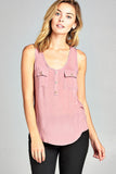 Ladies fashion woven tank top w/ front double pockets & button detail