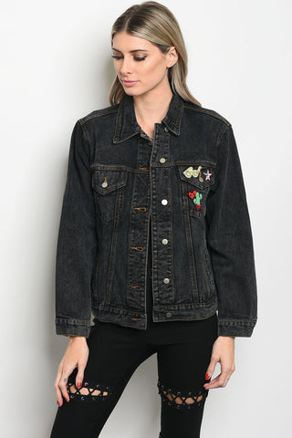 Ladies fashion long sleeve denim boyfriend fit jacket that features a collard neckline and pin details
