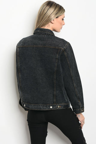 Ladies fashion long sleeve denim boyfriend fit jacket that features a collard neckline and pin details