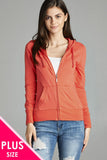 Ladies fashion plus size full zip-up closure hoodie w/long sleeves and lined drawstring hood