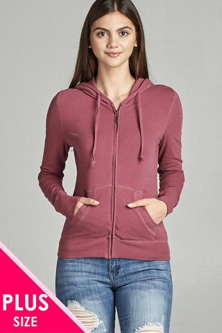 Ladies fashion plus size full zip-up closure hoodie w/long sleeves and lined drawstring hood