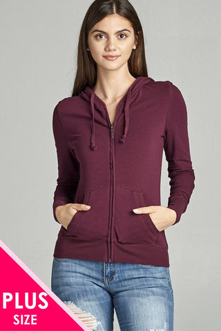 Ladies fashion plus size full zip-up closure hoodie w/long sleeves and lined drawstring hood
