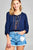 Ladies fashion cold shoulder w/front tie lace trim crinkle gauze woven top