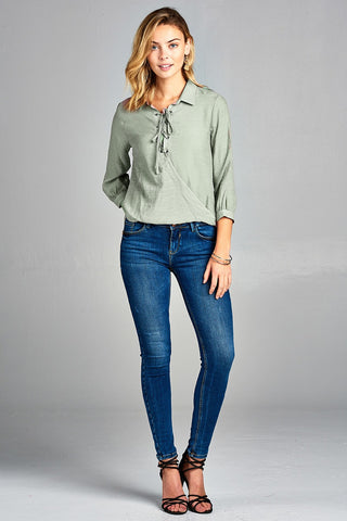 Ladies fashion 3/4 sleeve shirt collar w/lace detail surplice slub gauze woven top