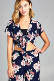 Ladies fashion short sleeve self tie floral print crinkle gauze crop woven top