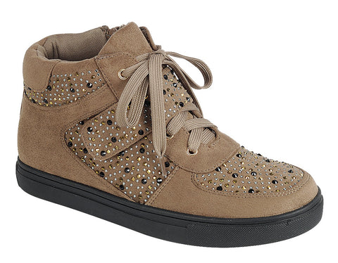 Ladies fashion street style, mixed material high top sneaker, closed round toe, flat heel, lace up closure,rhinestone-adorned upper - merchandiserus2