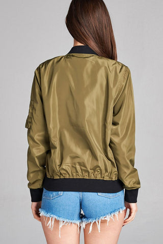 Ladies fashion plus size light weight bomber jacket w/back rib contrast