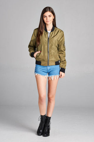 Ladies fashion plus size light weight bomber jacket w/back rib contrast