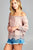 Ladies fashion short sleeve w/crochet trim off the shoulder front ribbon tie crinkle gauze woven top