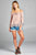 Ladies fashion short sleeve w/crochet trim off the shoulder front ribbon tie crinkle gauze woven top