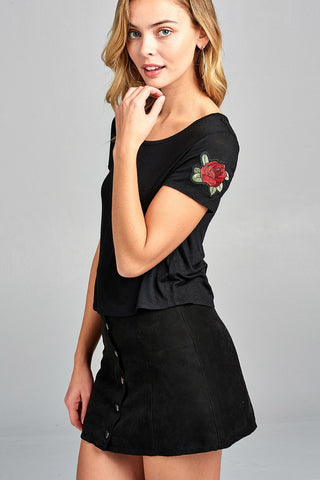 Ladies fashion short sleeve round neck w/floral patched crop rayon spandex top