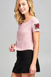 Ladies fashion short sleeve round neck w/floral patched crop rayon spandex top