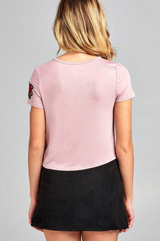 Ladies fashion short sleeve round neck w/floral patched crop rayon spandex top