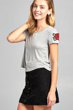 Ladies fashion short sleeve round neck w/floral patched crop rayon spandex top