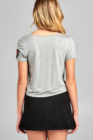 Ladies fashion short sleeve round neck w/floral patched crop rayon spandex top