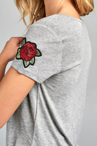 Ladies fashion short sleeve round neck w/floral patched crop rayon spandex top