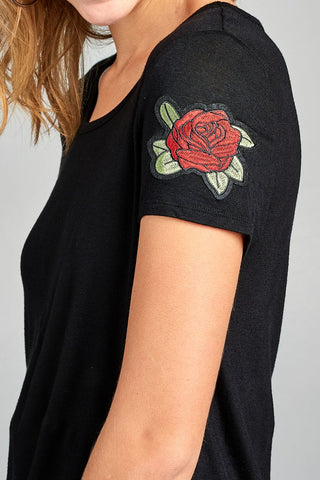 Ladies fashion short sleeve round neck w/floral patched crop rayon spandex top