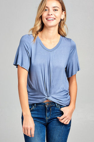 Ladies fashion short sleeve round neck front twisted rayon spandex top