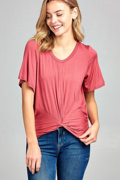 Ladies fashion short sleeve round neck front twisted rayon spandex top