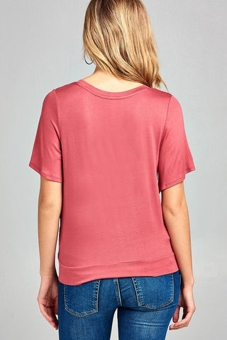 Ladies fashion short sleeve round neck front twisted rayon spandex top